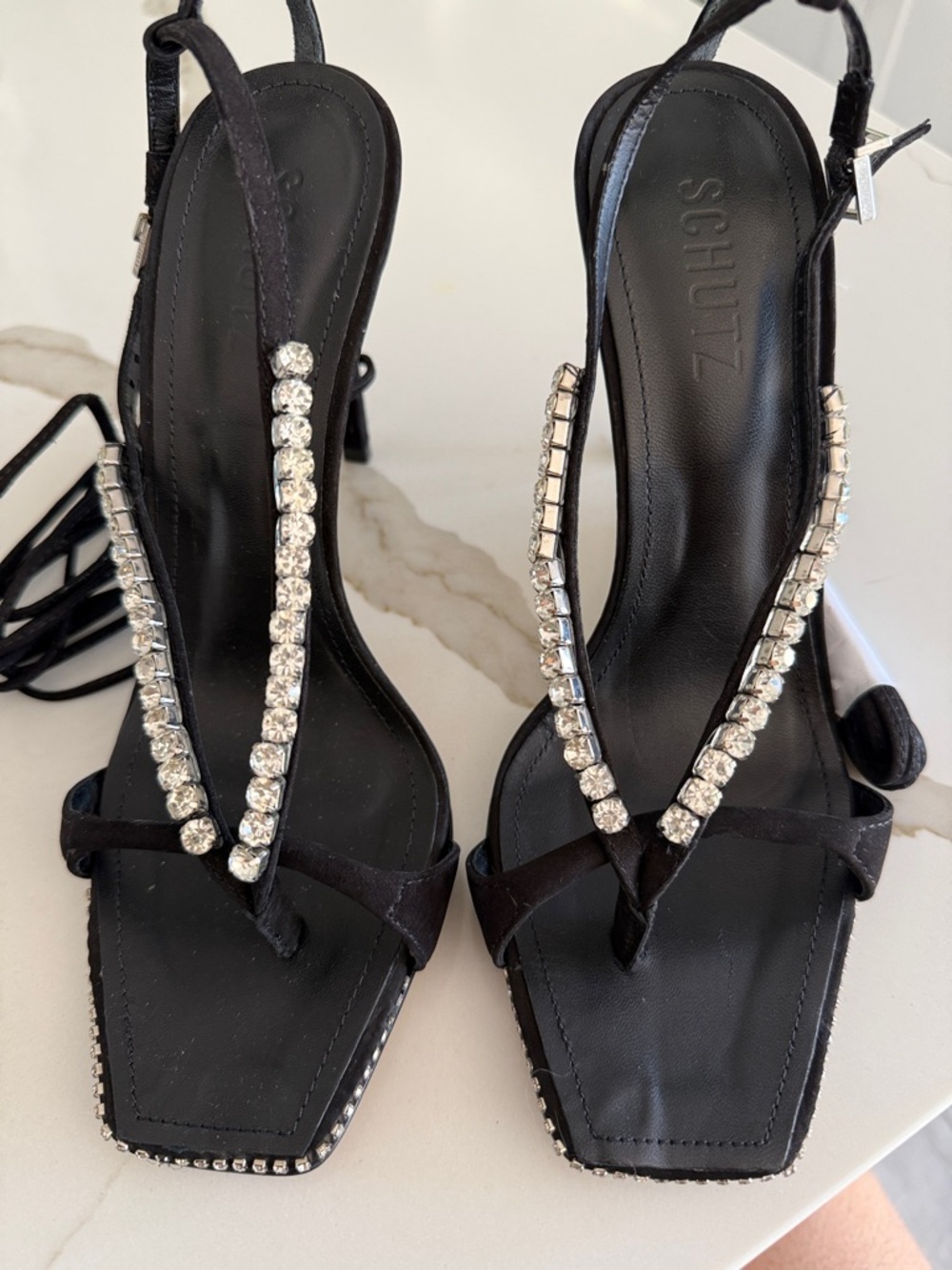 SCHUTZ Black Crystal-Strapped Square Toe Sandals